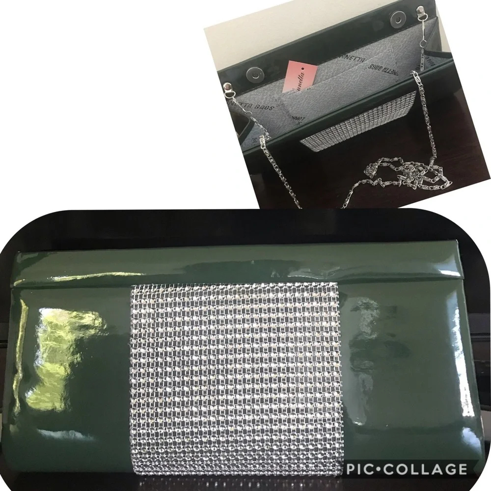 New Patent Clutch Rhinestones Dark Green Purse‎